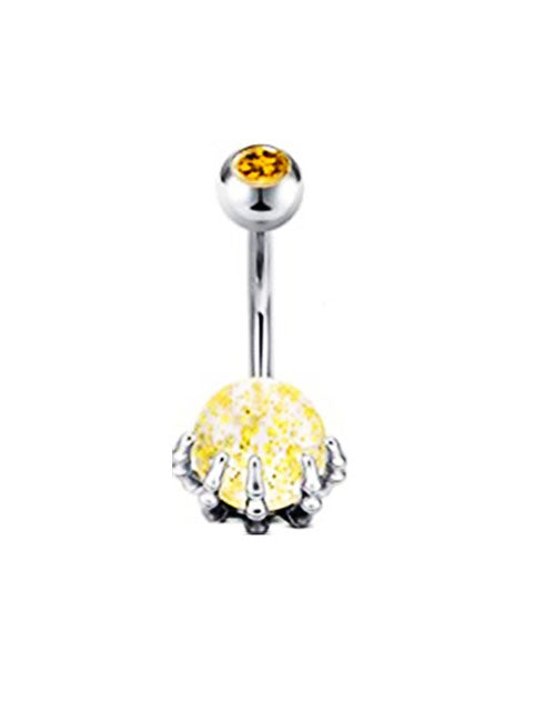 P54 Silver Clear Yellow Glitter Ball Claw Belly Button Ring - Iris Fashion Jewelry