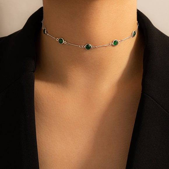 N2178 Silver Green Gem Choker Necklace FREE Earrings - Iris Fashion Jewelry