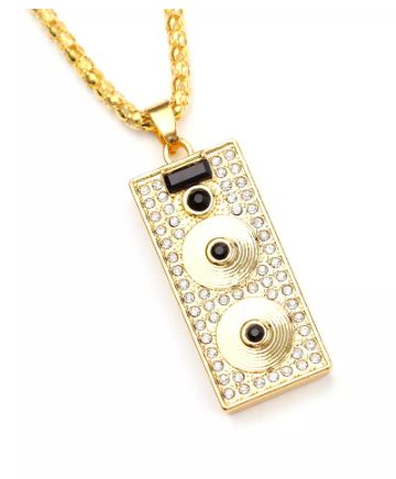 AZ576 Gold Rhinestone DJ Music Pendant Necklace with FREE EARRINGS