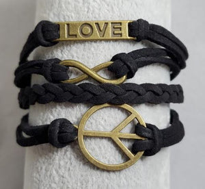 AZ1493 Black Love Peace Sign Infinity Layer Leather Bracelet