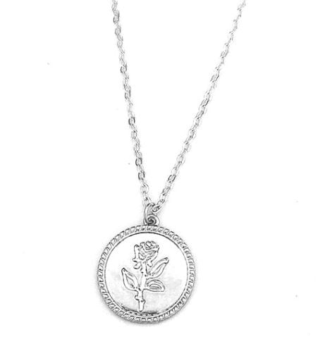 N750 Silver Rose Imprinted Token Necklace with FREE Earrings