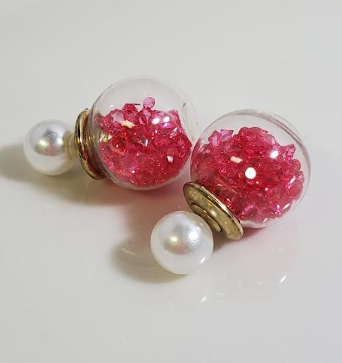 AZ1447 Pearl Hot Pink Gem Filled Ball Earrings
