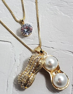 AZ303 Gold Rhinestone & Pearl Peanut Necklace with FREE Earrings