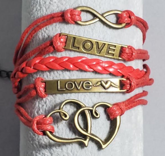 B101 Red Hearts Love Infinity Leather Layer Bracelet