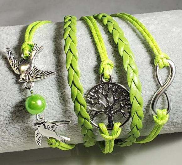 B225 Lime Green Tree of Life Infinity Doves Layer Leather Bracelet - Iris Fashion Jewelry