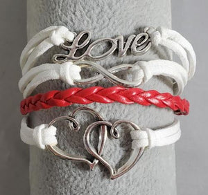 AZ800 White & Red Love Hearts Infinity Leather Layer Bracelet