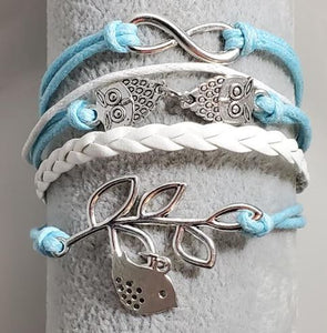 B544 Light Blue & White Owl Leaf Bird Infinity Layer Leather Bracelet