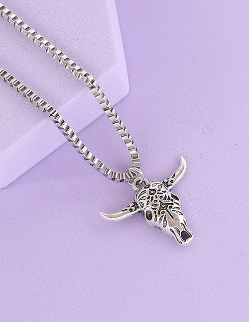 N1254 Silver Decorated Bull Head Necklace with FREE Earrings - Iris Fashion Jewelry
