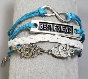 AZ986 Turquoise & White Best Friend Owl Infinity Layer Leather Bracelet