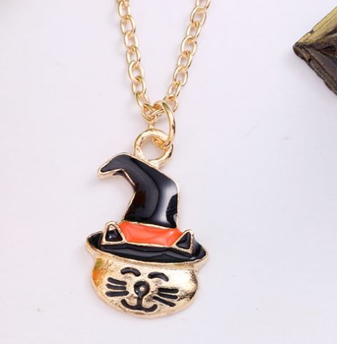 AZ841 Gold Cat in Witch Hat Necklace with FREE EARRINGS