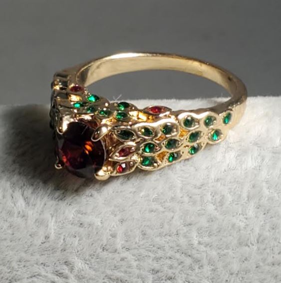 R105 Gold Red & Green Rhinestone Ring - Iris Fashion Jewelry
