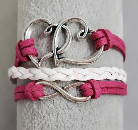 B1207 Hot Pink & White Heart Infinity Layer Leather Bracelet