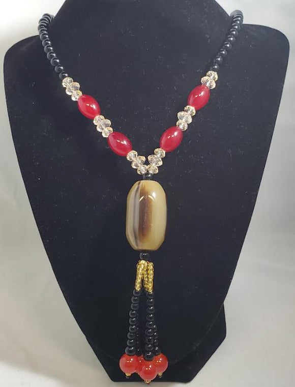 N2142 Creamy Brown Glass Bead Long Necklace With Free Earrings - Iris Fashion Jewelry