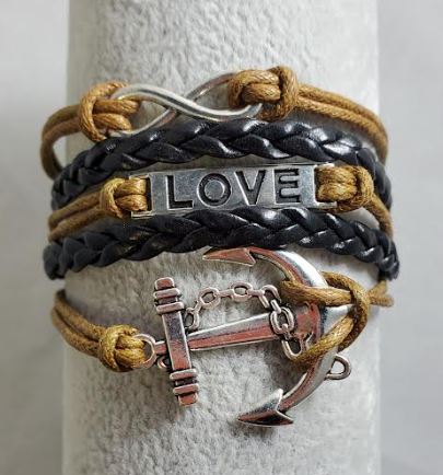 AZ1498 Brown & Black Love Anchor Infinity Layer Leather Bracelet