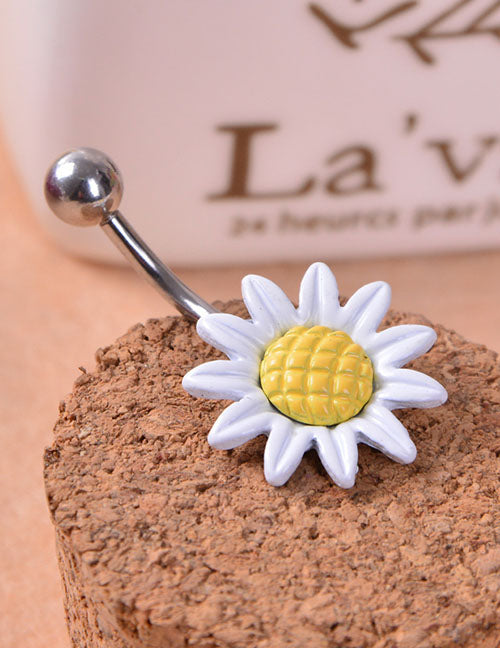 P139 Silver White Flower Belly Button Ring - Iris Fashion Jewelry