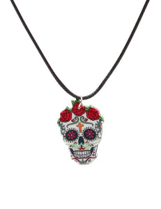 N111 Colorful Sugar Skull on Leather Cord Necklace with FREE Earrings - Iris Fashion Jewelry