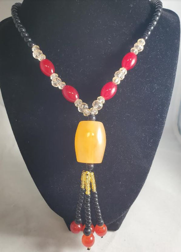 N1954 Black Bead Beige Glass Long Necklace With Free Earrings - Iris Fashion Jewelry