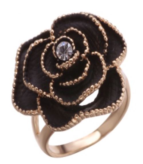 R231 Gold Black Enamel Rose Ring - Iris Fashion Jewelry