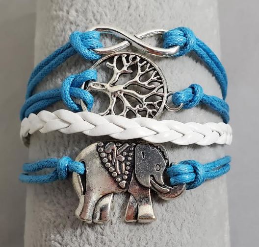 AZ1166 Turquoise Blue & White Elephant Tree Infinity Layer Leather Bracelet