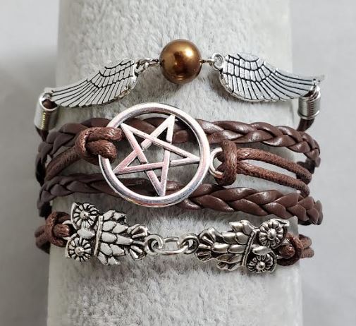 AZ1483 Brown Wing Star Owl Infinity Layer Leather Bracelet
