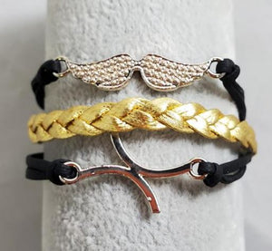 AZ1458 Black & Gold Mustache Infinity Layer Leather Bracelet