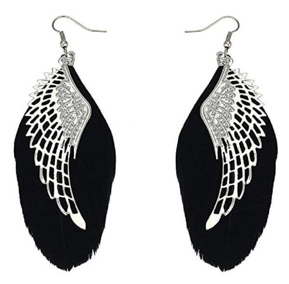 *E1299 Large Silver Wing with Black Feather Earrings