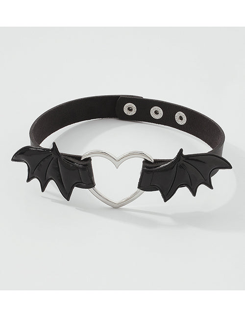 N670 Silver Heart Black Bat Wings Leather Choker Necklace FREE Earrings - Iris Fashion Jewelry