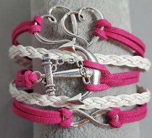 AZ932 Hot Pink & White Heart Anchor Infinity Layer Leather Bracelet