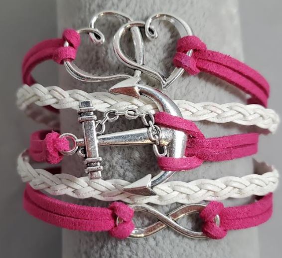 AZ932 Hot Pink & White Heart Anchor Infinity Layer Leather Bracelet