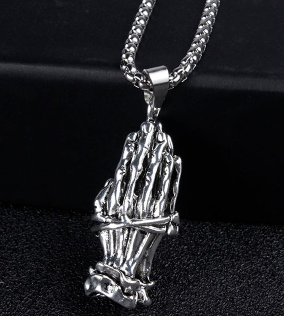 N971 Silver Bound Hands Pendant Necklace with FREE EARRINGS