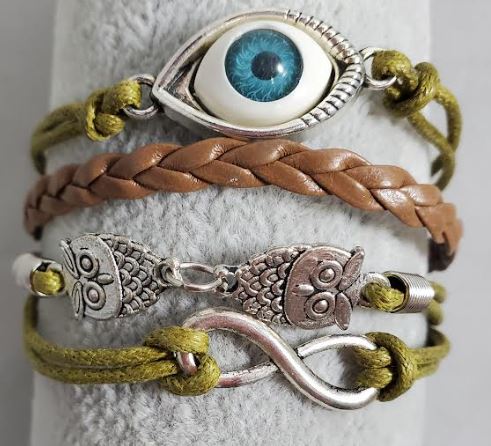 AZ936 Tan & Brown Eye Owl Infinity Layer Leather Bracelet