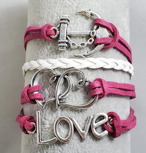AZ790 Hot Pink & White Anchor Heart Love Infinity Leather Layer Bracelet