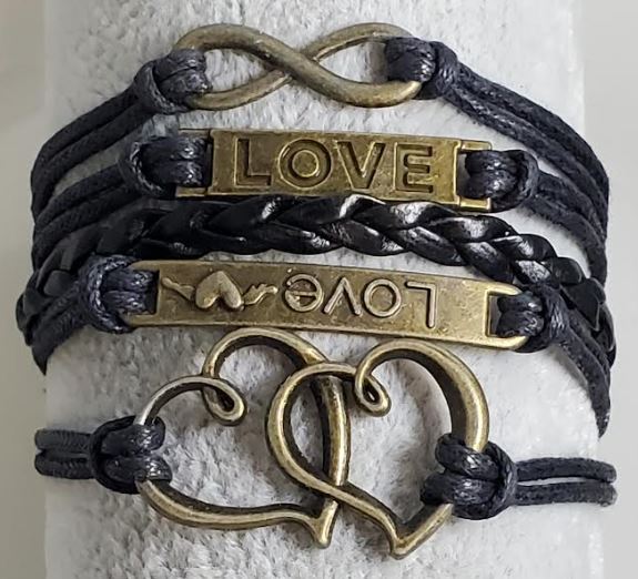 AZ567 Black Love Heart Infinity Leather Layer Bracelet