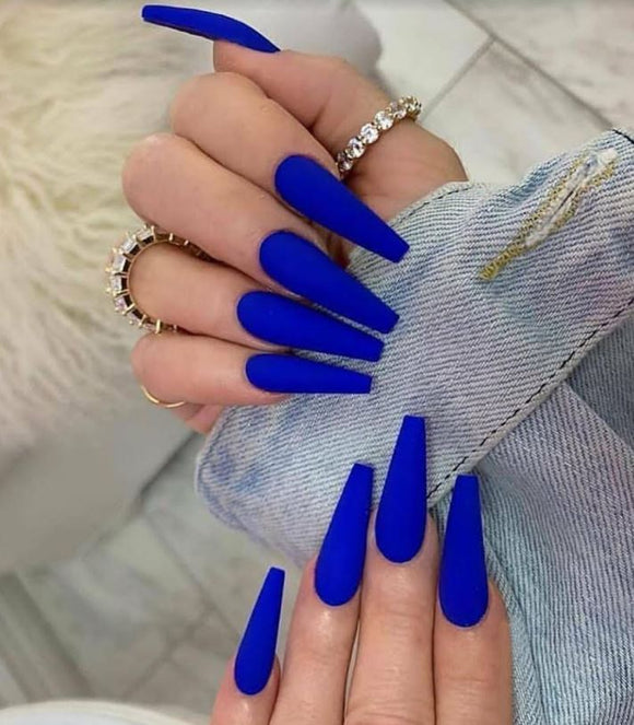 NS356 Extra Long Nails Coffin Press On Matte Royal Blue 22 Pieces - Iris Fashion Jewelry