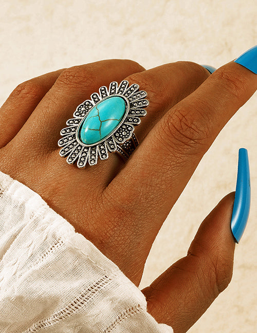R477 Silver Oval Turquoise Crackle Stone Ring - Iris Fashion Jewelry