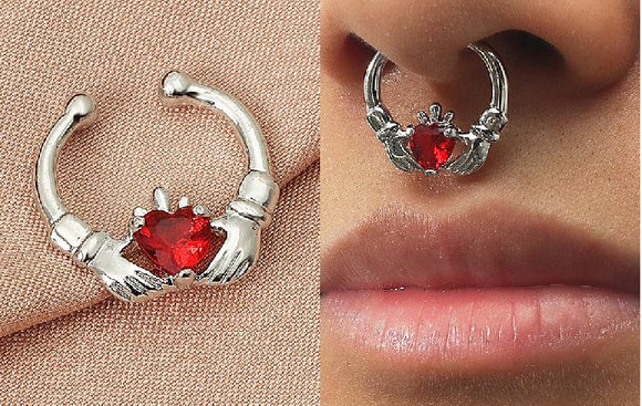 P148 Silver Red Gemstone Heart Hands Nose Ring - Iris Fashion Jewelry