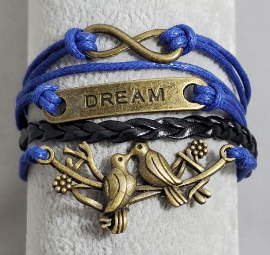 AZ1378 Blue & Black Dream Bird Infinity Layer Leather Bracelet