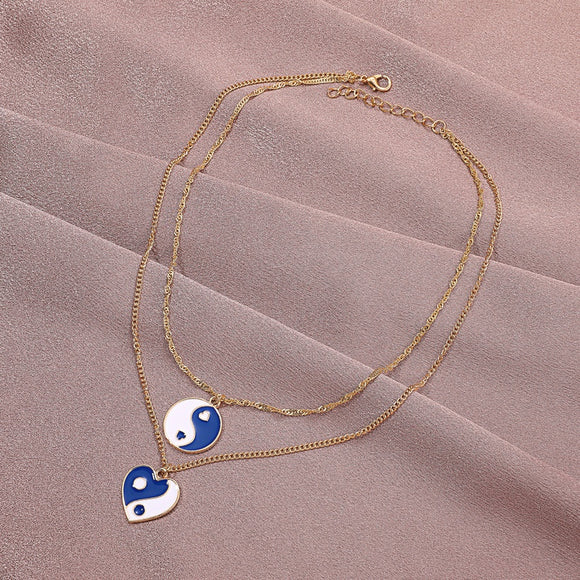 N2146 Gold Royal Blue Yin Yang Heart Layered Necklace with FREE Earrings - Iris Fashion Jewelry
