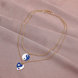 N2146 Gold Royal Blue Yin Yang Heart Layered Necklace with FREE Earrings - Iris Fashion Jewelry