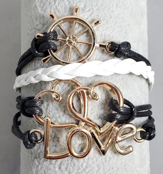 AZ1261 Black & White  Ship Wheel Love Heart Infinity Layer Leather Bracelet