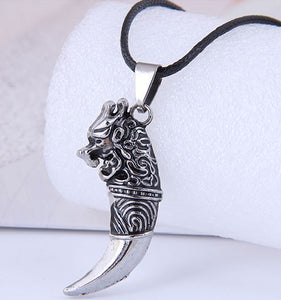 N418 Silver Beast Tooth on Leather Cord Necklace