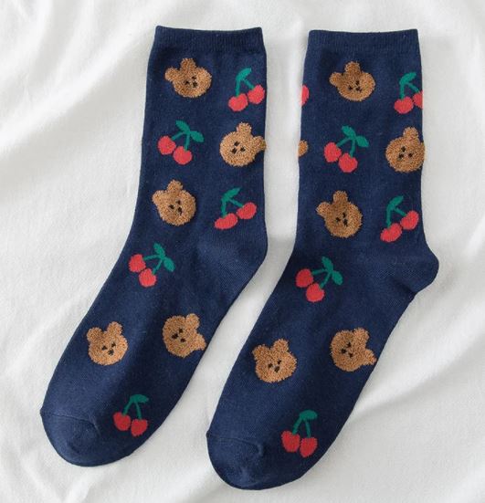 SF190 Navy Blue Teddy Bear Cherry Socks - Iris Fashion Jewelry