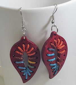 E561 Red Leaf Coconut Shell Wooden Earrings