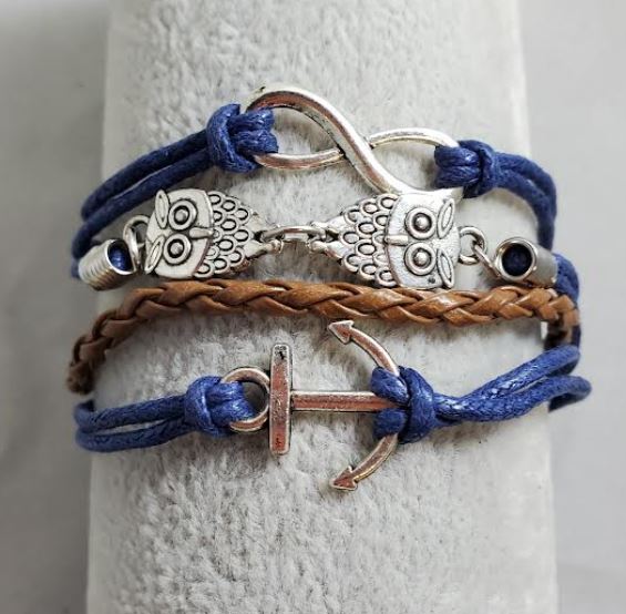 AZ1198 Blue & Brown Owl Anchor Infinity Layer Leather Bracelet