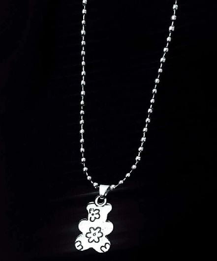 AZ142 Silver Flower Design Teddy Bear on Beaded Chain Aid Necklace with FREE EARRINGS