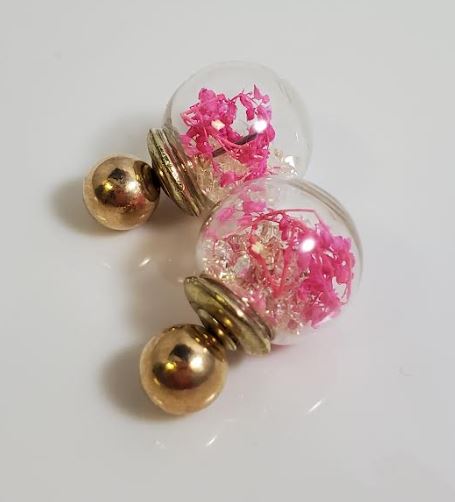 AZ972 Gold Pink Vine Gem Filled Ball Earrings