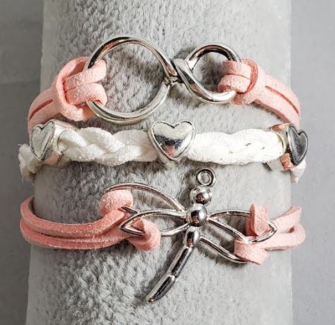 AZ1147 Pale Pink & White Dragonfly Heart Infinity Leather Layer Bracelet