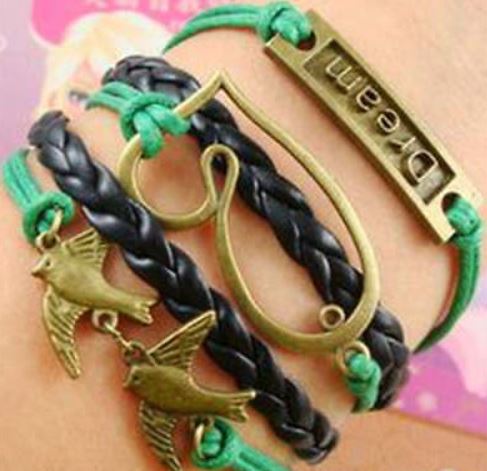 AZ1326 Green & Black Dream Heart Dove Infinity Layer Leather Bracelet