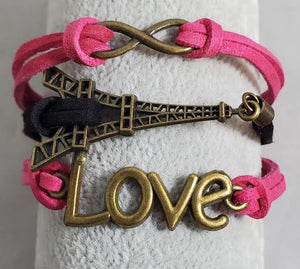 AZ934 Hot Pink & Black Eiffel Tower Love Infinity Layer Leather Bracelet