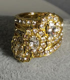 R647 Gold Triple Flower Design Multi Rhinestone Ring - Iris Fashion Jewelry